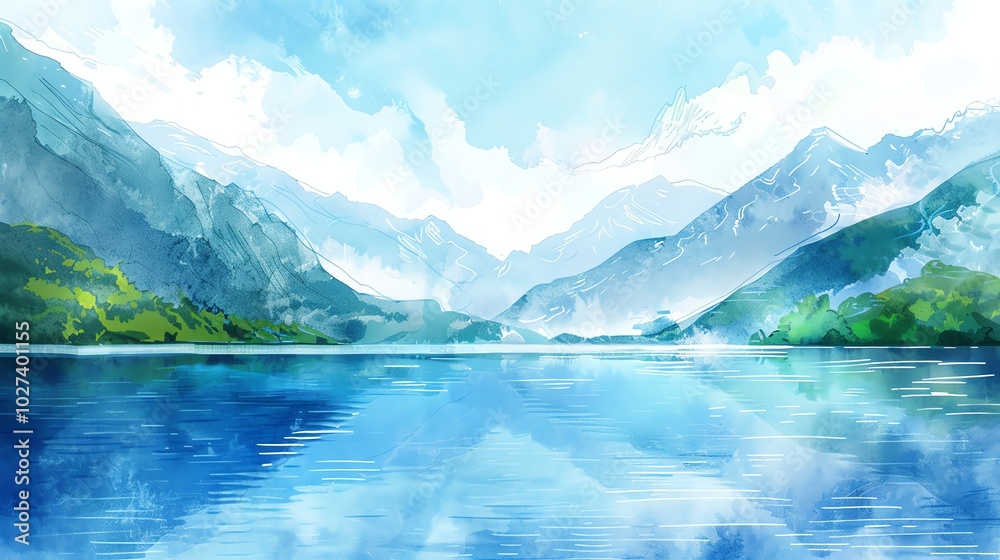 Obraz premium A watercolor painting of a serene lake with mountains in the background.