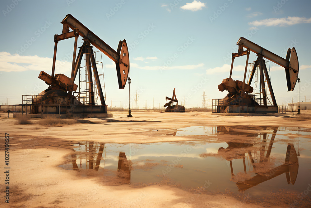 oil pumps on oil field, industrial oil field, oil production oil pumps on oil field, industrial oil field, oil production