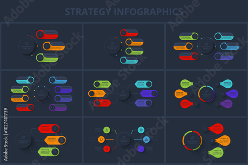 Set Strategy iinfographic. with 3, 4, 6, 8 steps or processes. Template for web on a black background. photo