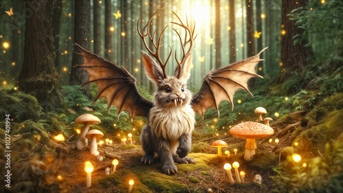 Wolpertinger, magical forest creature in enchanted forest, rabbit with antlers, bat wings, and fangs. Magical scene with glowing mushrooms, fireflies, and ethereal light. photo