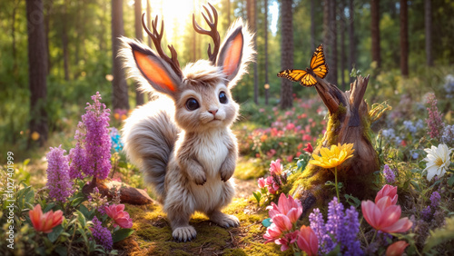 Mythical wolpertinger, cute rabbit with antlers in enchanted forest. Colorful wildflowers, sunlit woodland, monarch butterfly. Whimsical creature in magical nature scene, fairy tale composite. photo