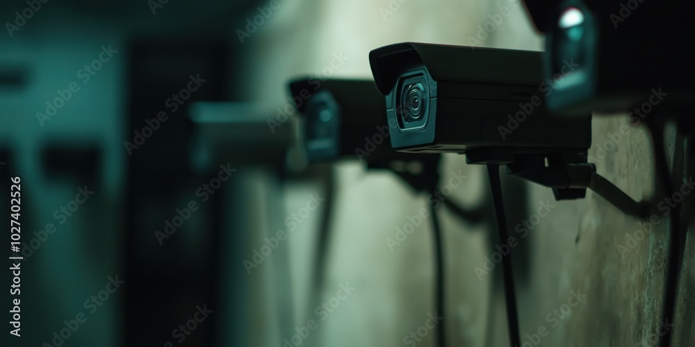 A row of surveillance cameras is mounted along a dimly lit hallway, emphasizing security and the tension of constant monitoring in an enigmatic dark setting. A row of surveillance cameras is mounted along a dimly lit hallway, emphasizing security and the tension of constant monitoring in an enigmatic dark setting.