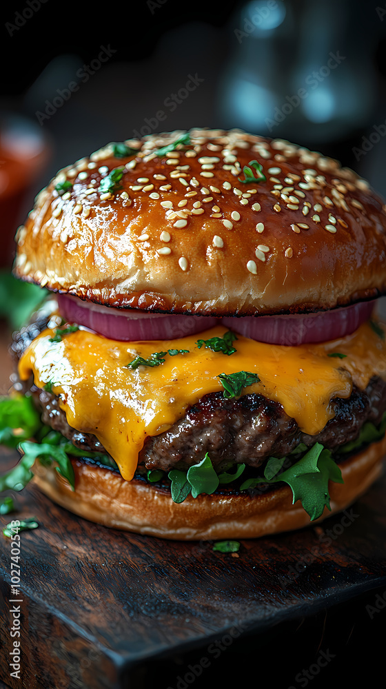 Delicious gourmet hamburger with meat, bacon, cheddar, tomato, lettuce, special sauce, onion and pickles ready to eat Delicious gourmet hamburger with meat, bacon, cheddar, tomato, lettuce, special sauce, onion and pickles ready to eat
