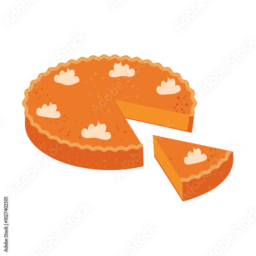 A whole pumpkin pie and a piece cut off. Traditional October pastry isolated on white background. Vector.
