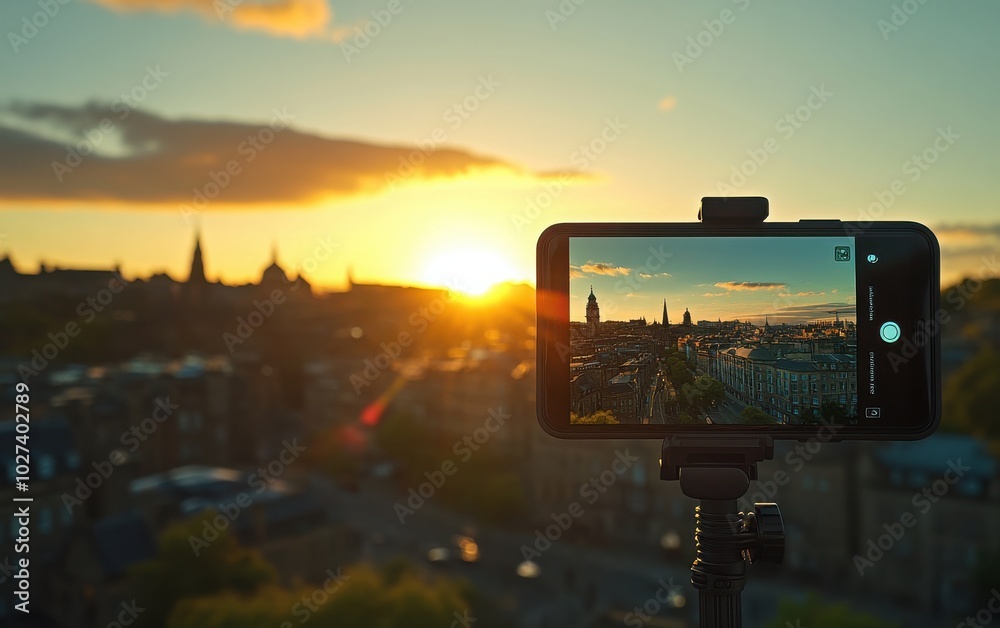 A smartphone on a tripod, capturing a panoramic view of a vibrant city, with diverse architecture and a lively street scene, framed against a bright sunset 