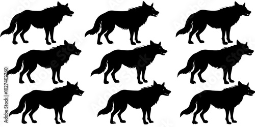  Set of wolf silhouette. wolfs black and white. wolf, dog, silhouette, wolf silhouette, wild, wolfs, jungle wolf, black wolf, retro wolf, wolf black design, wolf colony, wolf poses, wolf in jungle
