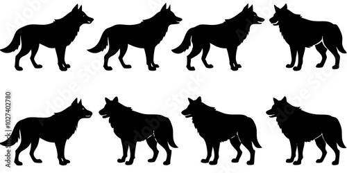  Set of wolf silhouette. wolfs black and white. wolf, dog, silhouette, wolf silhouette, wild, wolfs, jungle wolf, black wolf, retro wolf, wolf black design, wolf colony, wolf poses, wolf in jungle