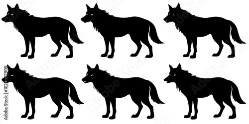  Set of wolf silhouette. wolfs black and white. wolf, dog, silhouette, wolf silhouette, wild, wolfs, jungle wolf, black wolf, retro wolf, wolf black design, wolf colony, wolf poses, wolf in jungle