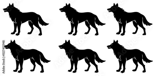  Set of wolf silhouette. wolfs black and white. wolf, dog, silhouette, wolf silhouette, wild, wolfs, jungle wolf, black wolf, retro wolf, wolf black design, wolf colony, wolf poses, wolf in jungle