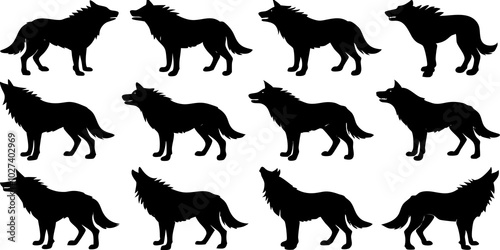  Set of wolf silhouette. wolfs black and white. wolf, dog, silhouette, wolf silhouette, wild, wolfs, jungle wolf, black wolf, retro wolf, wolf black design, wolf colony, wolf poses, wolf in jungle