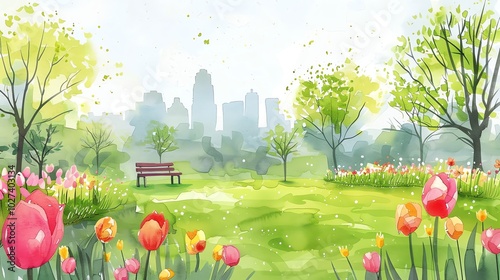A watercolor illustration of a park scene with blooming tulips in the foreground.