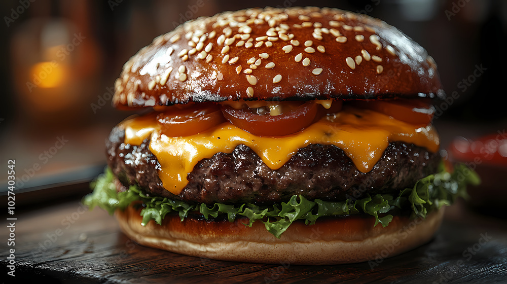 Delicious gourmet hamburger with meat, bacon, cheddar, tomato, lettuce, special sauce, onion and pickles ready to eat Delicious gourmet hamburger with meat, bacon, cheddar, tomato, lettuce, special sauce, onion and pickles ready to eat