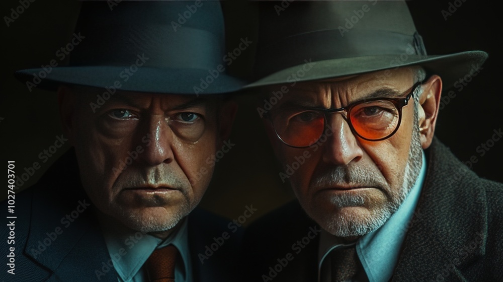 Two men wearing hats and glasses are standing next to each other Stock ...