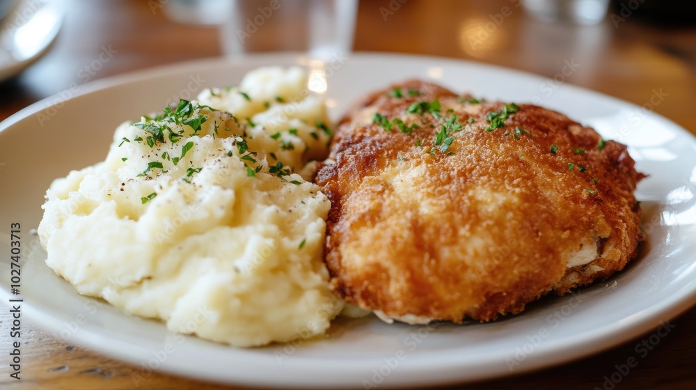 Crispy Chicken Cordon Bleu Served with Mashed Potatoes Crispy Chicken Cordon Bleu Served with Mashed Potatoes