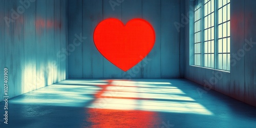 In an empty room bathed in soft sunlight, a large red heart symbol stands out against the wall, creating a striking focal point. The combination of natural light and bold color evokes a sense of warmt photo