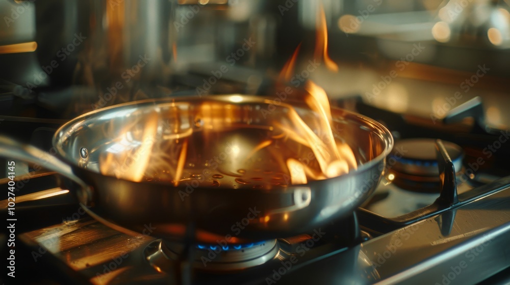 Dynamic cooking scene shiny metal frying pan on gas stove with flames highlighting culinary action Dynamic cooking scene shiny metal frying pan on gas stove with flames highlighting culinary action
