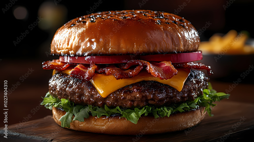 Delicious gourmet hamburger with meat, bacon, cheddar, tomato, lettuce, special sauce, onion and pickles ready to eat Delicious gourmet hamburger with meat, bacon, cheddar, tomato, lettuce, special sauce, onion and pickles ready to eat
