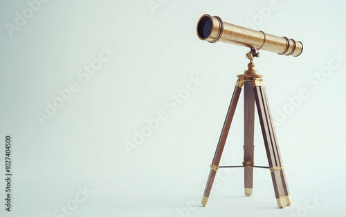 An old-fashioned telescope secured on a traditional tripod, displayed in isolation on a white background, evoking a sense of nostalgia and the quest for knowledge  photo