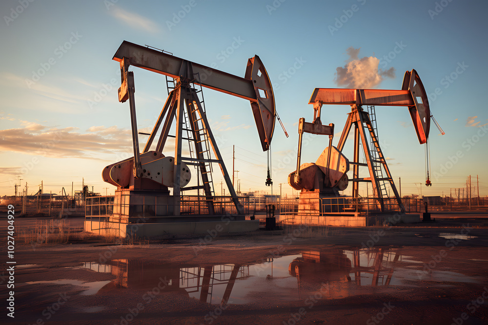 oil pumps on oil field, industrial oil field, oil production oil pumps on oil field, industrial oil field, oil production