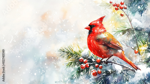 Aquarelle cardinal bird on a christmas branch 