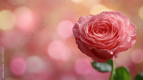 Wallpaper Mural A single pink rose, glistening with dew, stands elegantly with lush green leaves. The background features a dreamy array of soft colors, enhancing the beauty and freshness of the flower in a tranquil  Torontodigital.ca