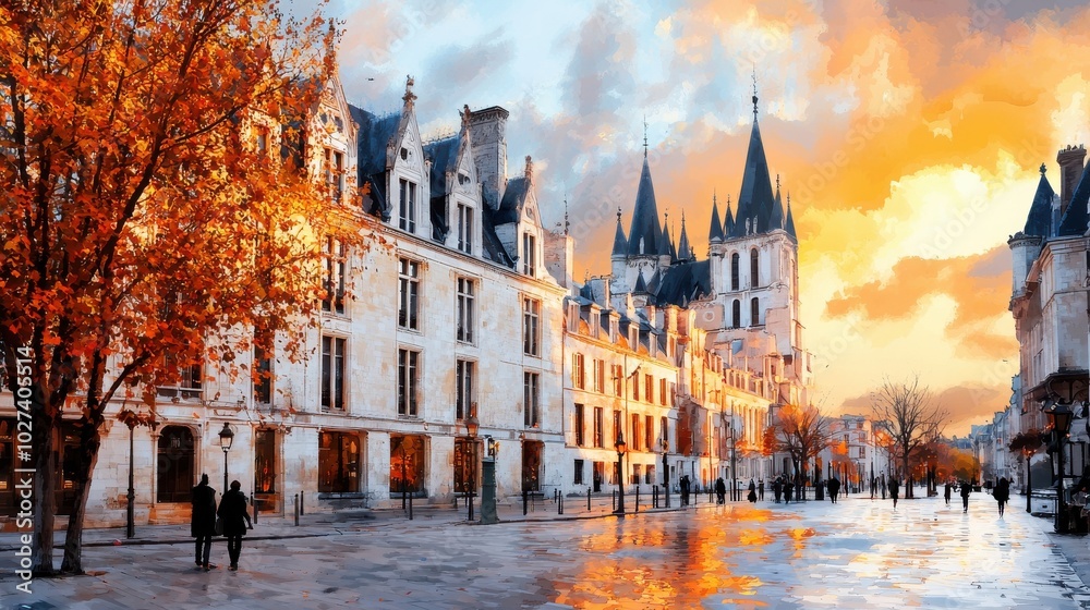 Fototapeta premium Autumn Watercolor Scene in Historical City