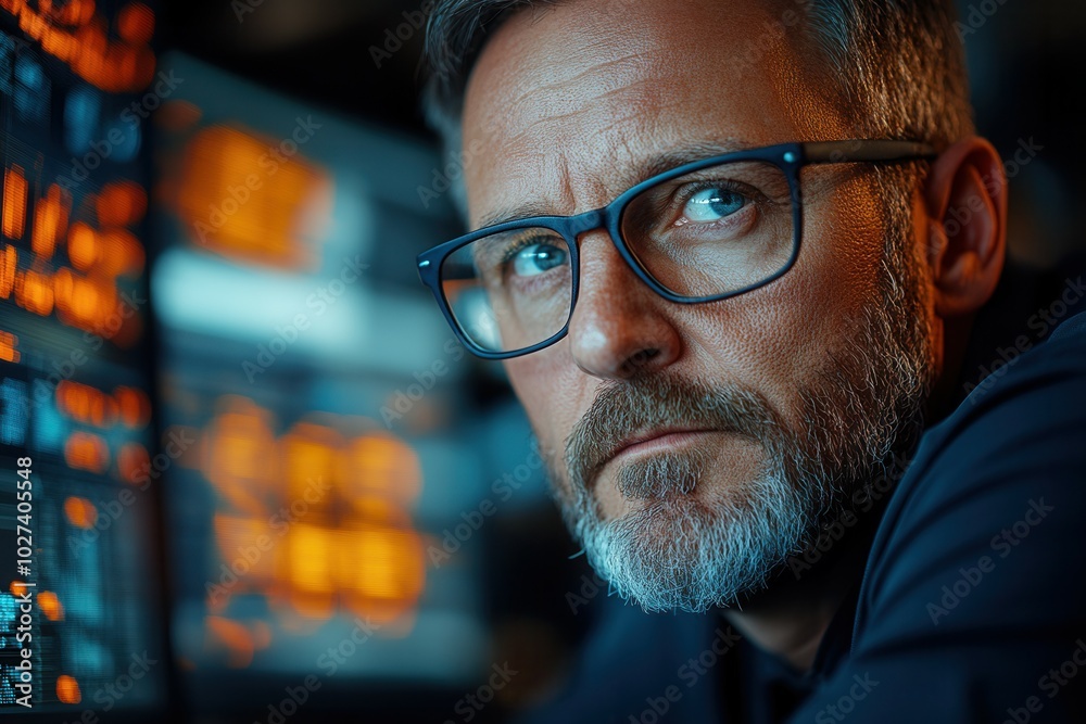 A dedicated coding professional with a greying beard and glasses intently examines colorful data visualizations on several screens in a modern, dimly lit workspace. The environment reflects a technolo A dedicated coding professional with a greying beard and glasses intently examines colorful data visualizations on several screens in a modern, dimly lit workspace. The environment reflects a technolo