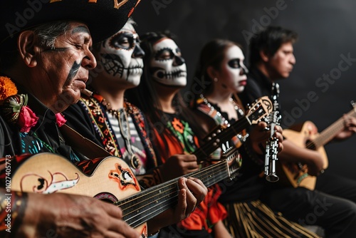 Group of musicians with Dia de los Muertos makeup playing tradit photo