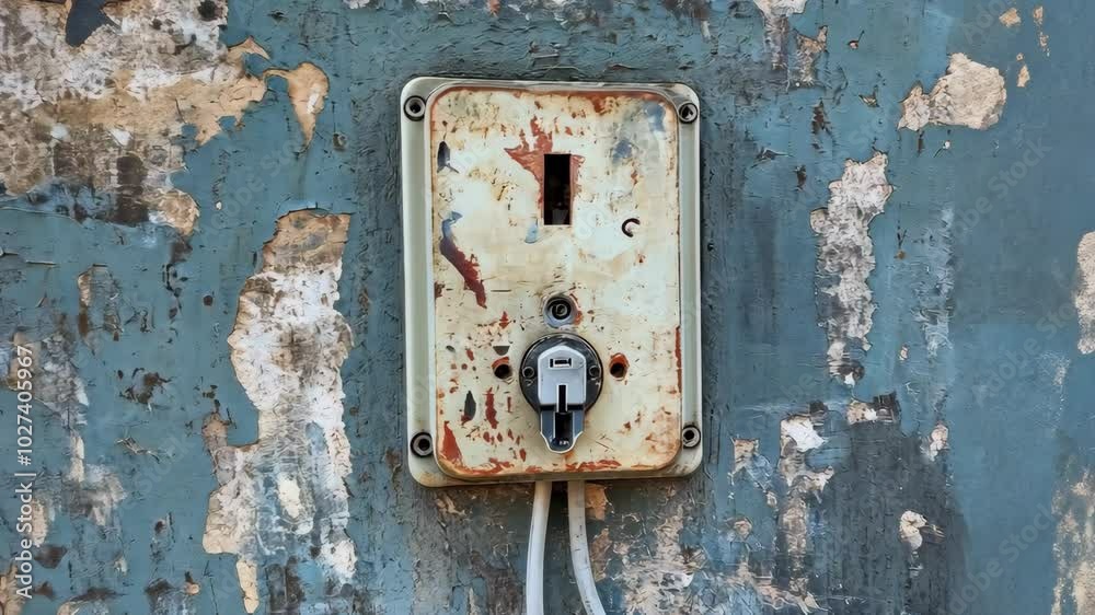 An old electrical outlet with a faded white plastic cover is mounted on a blue wall with peeling paint An old electrical outlet with a faded white plastic cover is mounted on a blue wall with peeling paint