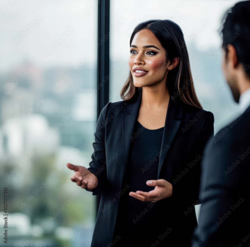Obraz premium A businesswoman confidently presents her ideas during a meeting in a modern office with city views in the background.