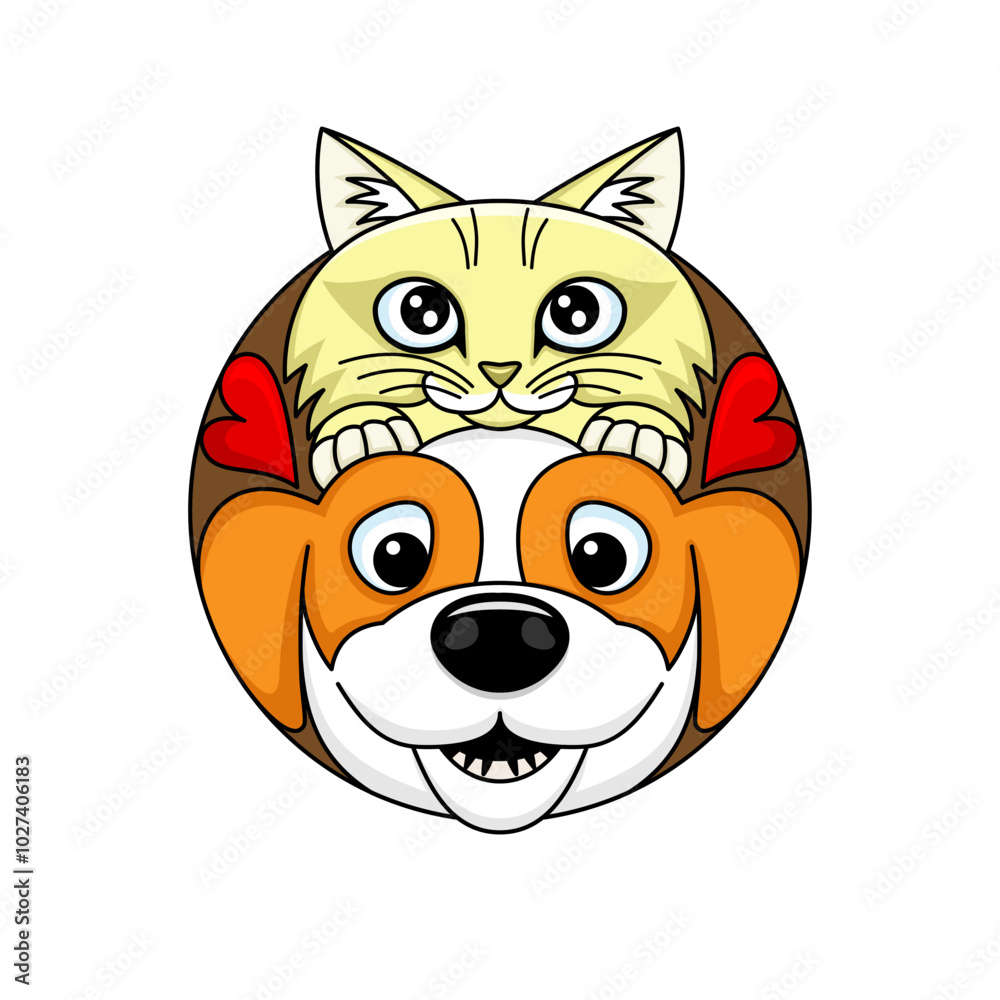 Fototapeta premium Round icon cute dog and cat on white background.