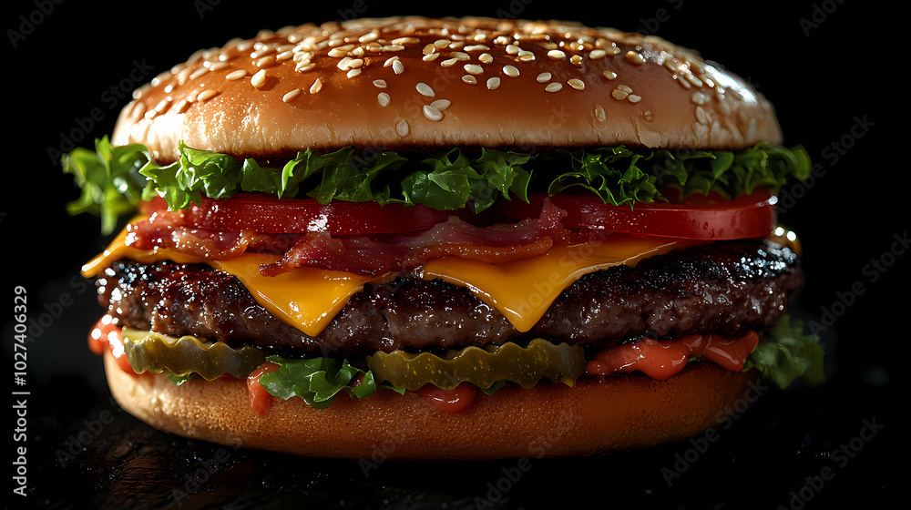 Delicious gourmet hamburger with meat, bacon, cheddar, tomato, lettuce, special sauce, onion and pickles ready to eat Delicious gourmet hamburger with meat, bacon, cheddar, tomato, lettuce, special sauce, onion and pickles ready to eat
