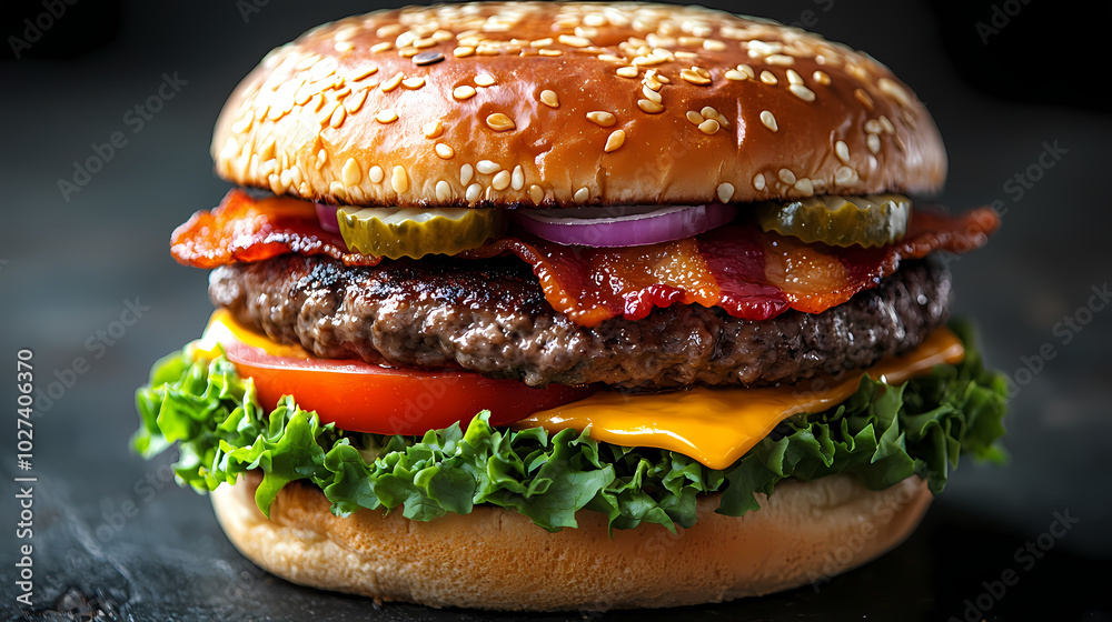 Delicious gourmet hamburger with meat, bacon, cheddar, tomato, lettuce, special sauce, onion and pickles ready to eat Delicious gourmet hamburger with meat, bacon, cheddar, tomato, lettuce, special sauce, onion and pickles ready to eat