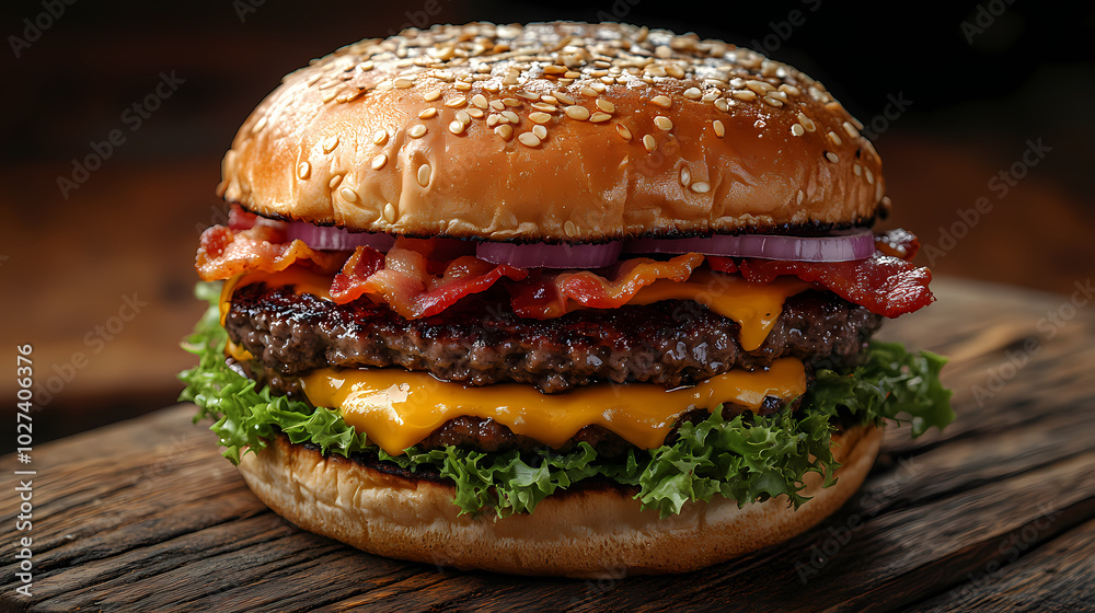 Delicious gourmet hamburger with meat, bacon, cheddar, tomato, lettuce, special sauce, onion and pickles ready to eat Delicious gourmet hamburger with meat, bacon, cheddar, tomato, lettuce, special sauce, onion and pickles ready to eat