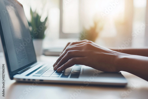 A person typing on their laptop at an office desk, close-up of hands and computer screen. Bright natural light illuminates the room with wooden flooring and white walls in the background.