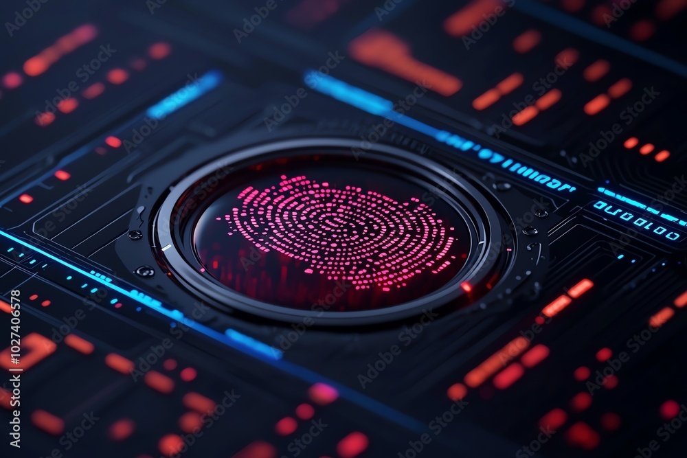 Futuristic fingerprint scanner with digital interface, high-tech design, dark background.