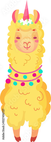 A joyful cartoon llama stands proudly adorned with a flower crown and colorful decorations. The whimsical design enhances its playful character and charm.