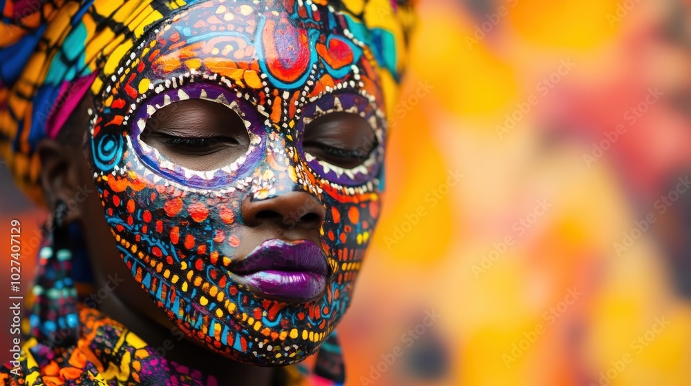 A person wearing a traditional African mask during a cultural celebration, with vibrant colors and detailed craftsmanship, set against a festive background A person wearing a traditional African mask during a cultural celebration, with vibrant colors and detailed craftsmanship, set against a festive background