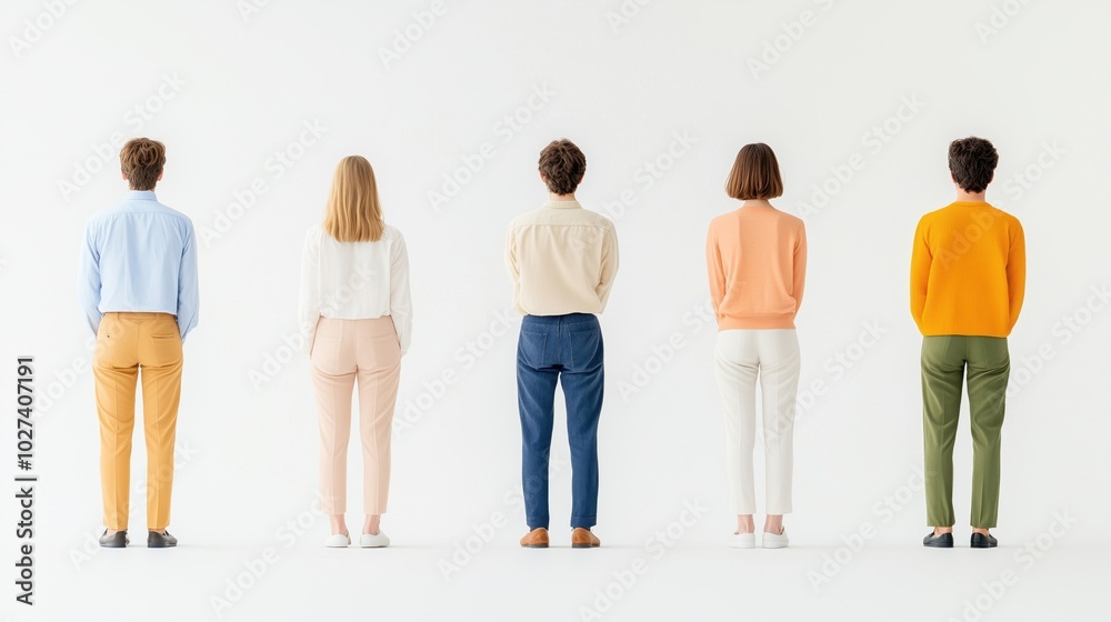 Fototapeta premium Five individuals standing together, facing away against a white background.