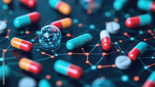 Visualization of machine learning algorithms predicting drug interactions, with colorful molecular diagrams surrounded by flowing lines of code and neural network visuals
