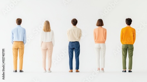 Five individuals standing together, facing away against a white background.