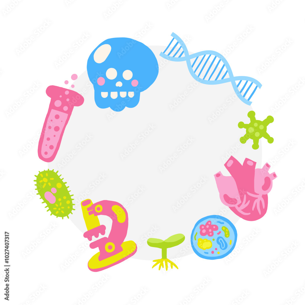 Cute science theme composition, banner, wreath with funny hand drawn doodle skull, tube, microscope, virus, bacteria, heart, dna, cell, plant. Hand drawn doodle circle round banner, invitation, card Cute science theme composition, banner, wreath with funny hand drawn doodle skull, tube, microscope, virus, bacteria, heart, dna, cell, plant. Hand drawn doodle circle round banner, invitation, card