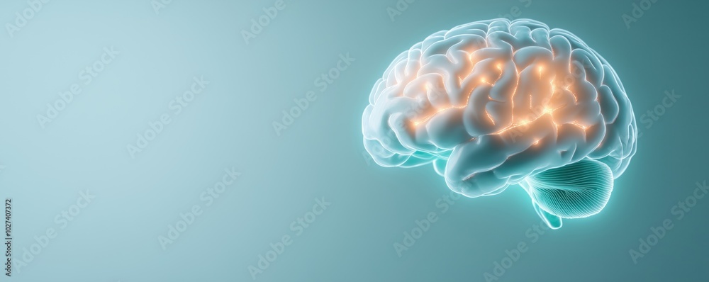 Obraz premium Illuminated brain design on a soft blue background, highlighting cognitive processes.