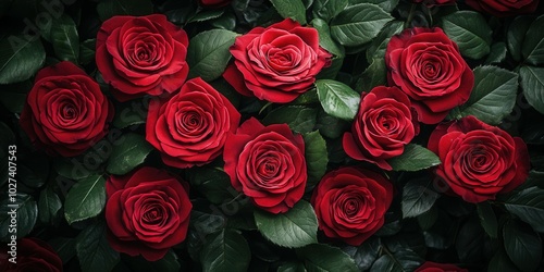 A stunning collection of deep red roses blooms vividly amidst rich green leaves in a spring garden. The roses showcase their intricate petals, creating a captivating display of natures beauty that inv