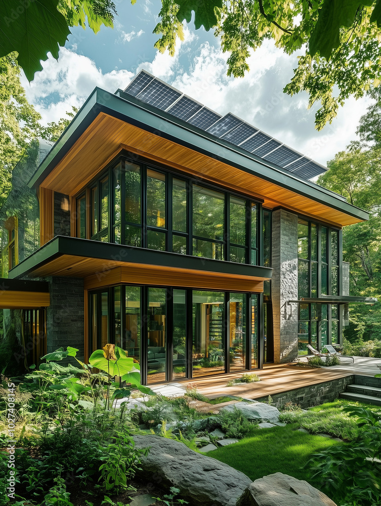 A modern energy-efficient home with solar panels on the roof A modern energy-efficient home with solar panels on the roof