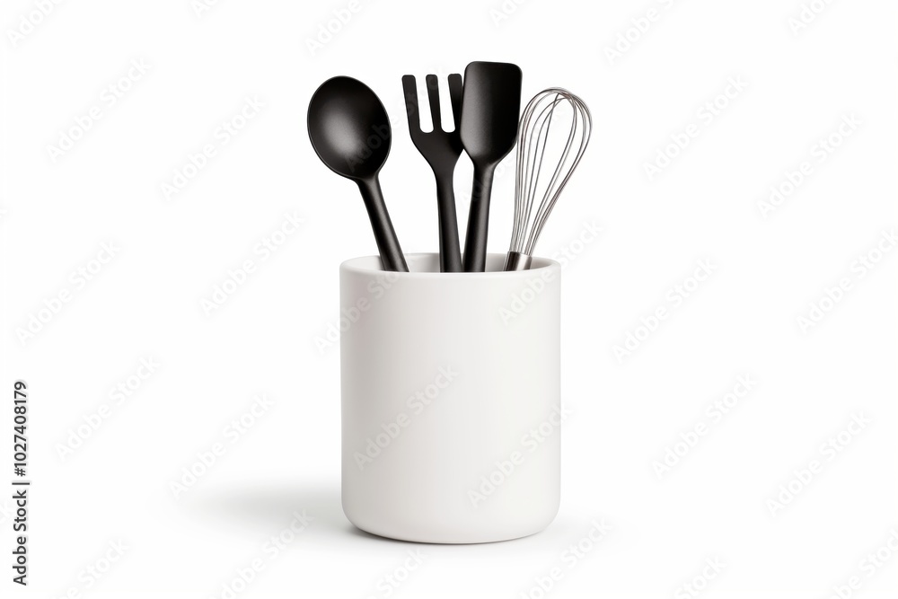 Modern black utensil set in white holder for minimalist kitchen decor Modern black utensil set in white holder for minimalist kitchen decor