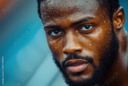 This image captures the intense gaze of a bearded man, with sweat glistening under a cool blue light, highlighting his focus and vigor, with a modern artistic touch.