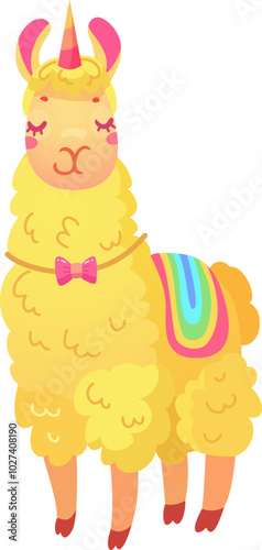 A whimsical cartoon style llama features a unicorn horn and a vibrant rainbow saddle. The llama is yellow with a charming bow showcasing a playful design.