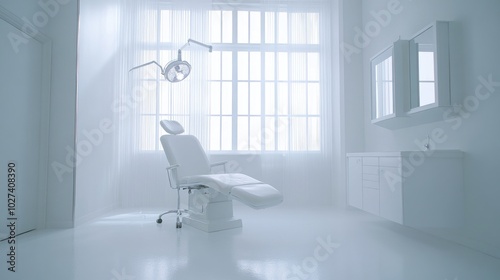 A clean, white medical exam room with an adjustable overhead light focused on an empty examination chair