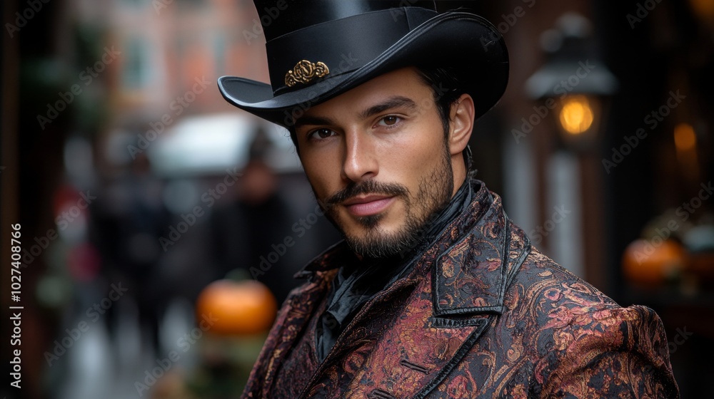 Man in Victorian costume holding carved Halloween pumpkin
Man in Victorian costume holding carved Halloween pumpkin
